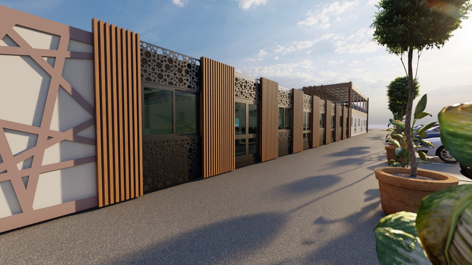 Maquette 3D d'un bâtiment modulaire conçu par le bureau d'études 123modules — façade bois et brise-soleil