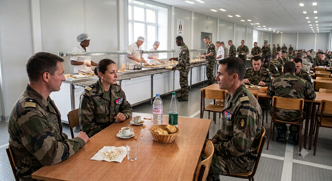 Restauration collective en bâtiment modulaire sur emprise militaire — officiers et personnels au réfectoire