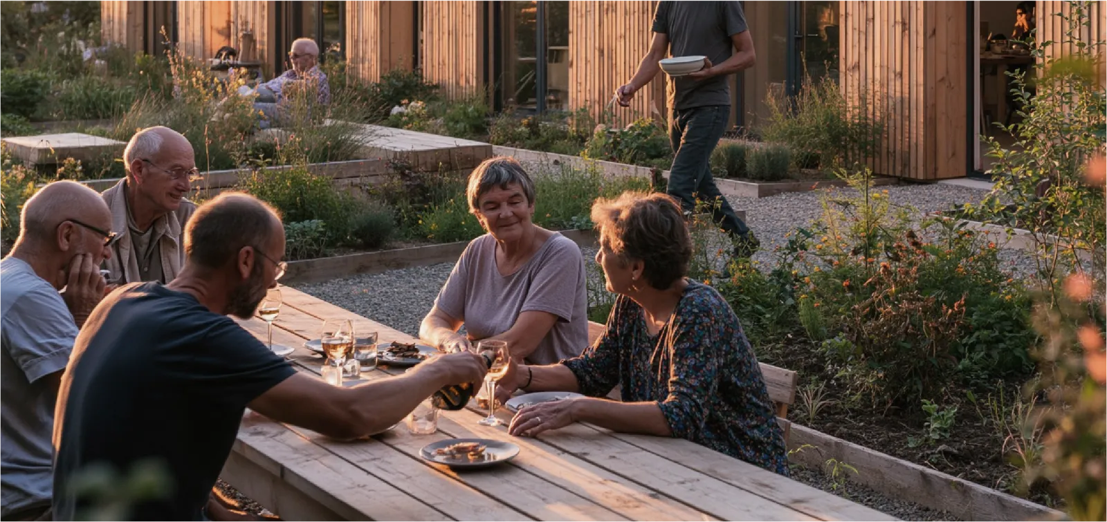 Habitants réunis autour d'une table dans le jardin partagé d'un ensemble de logements seniors